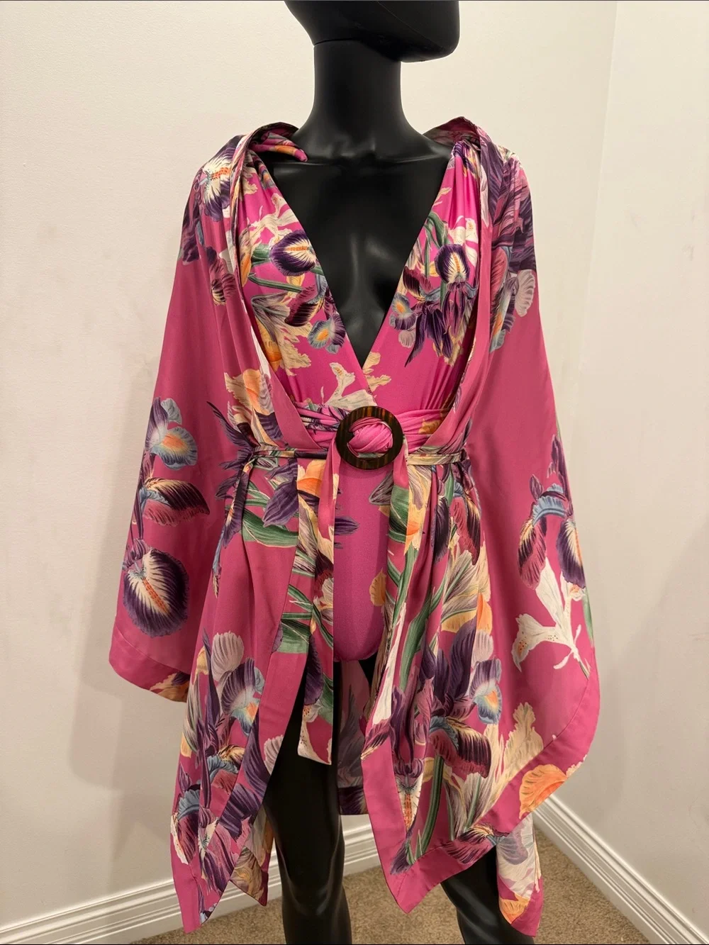 PatBO Iris Print Swimsuit & Matching Kimono Set Pink Resort Beachwear S NWT